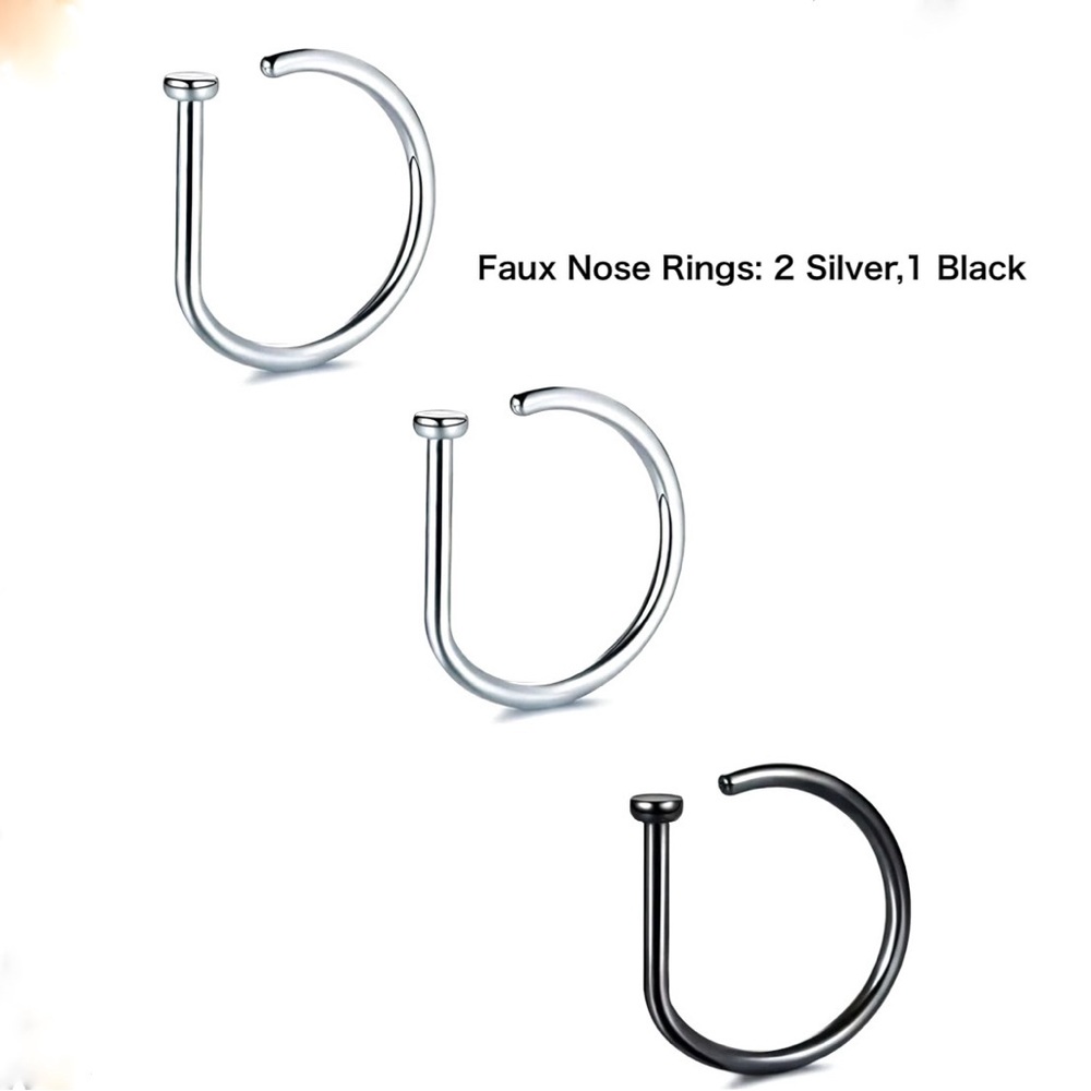 Set of 3 Faux Nose Rings, 2 Silver, 1 Black - Picture 2 of 6